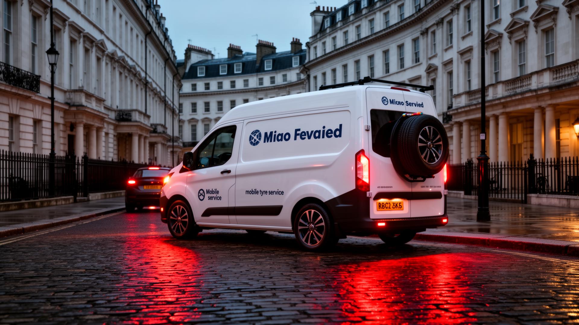 AC Mobile Tyre service van parked on a Georgian Central London street at dusk