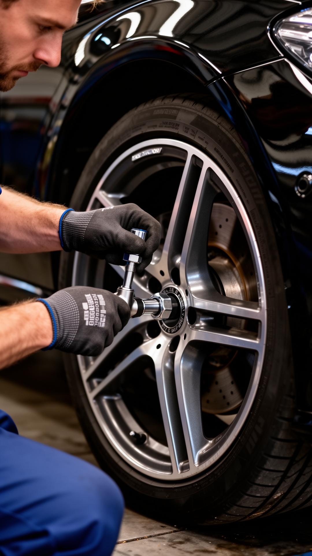 Mechanic removing a locking wheel nut from a premium alloy wheel
