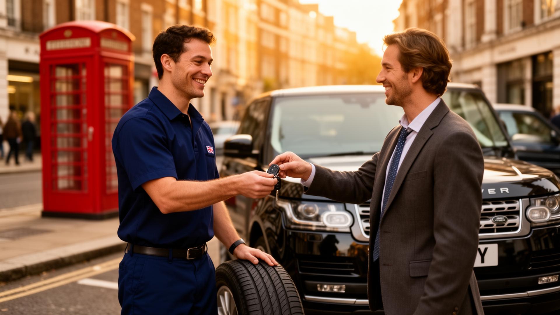 Technician handing car keys back to a Range Rover customer in London